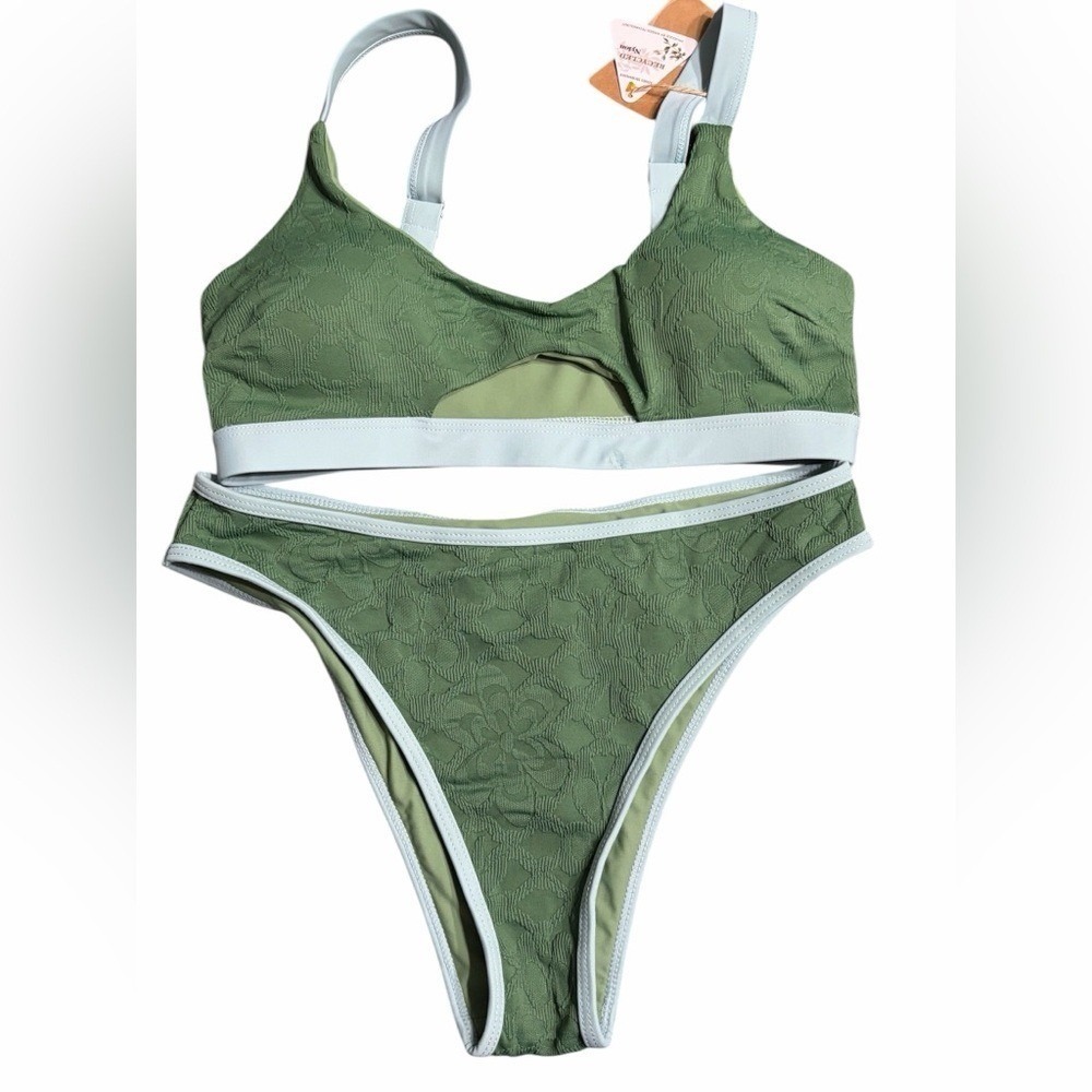 Berlook Olive Green Contrast-Trim Bikini Set